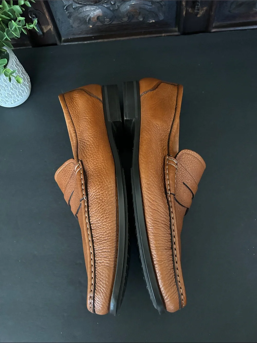 Santoni Men's Cognac Pebbled Leather Penny Loafers